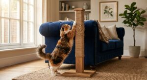 חתול שורט מתקן גירוד לחתולים בסלון הבית, עומד על רגליו האחוריות ליד ספה כחולה.